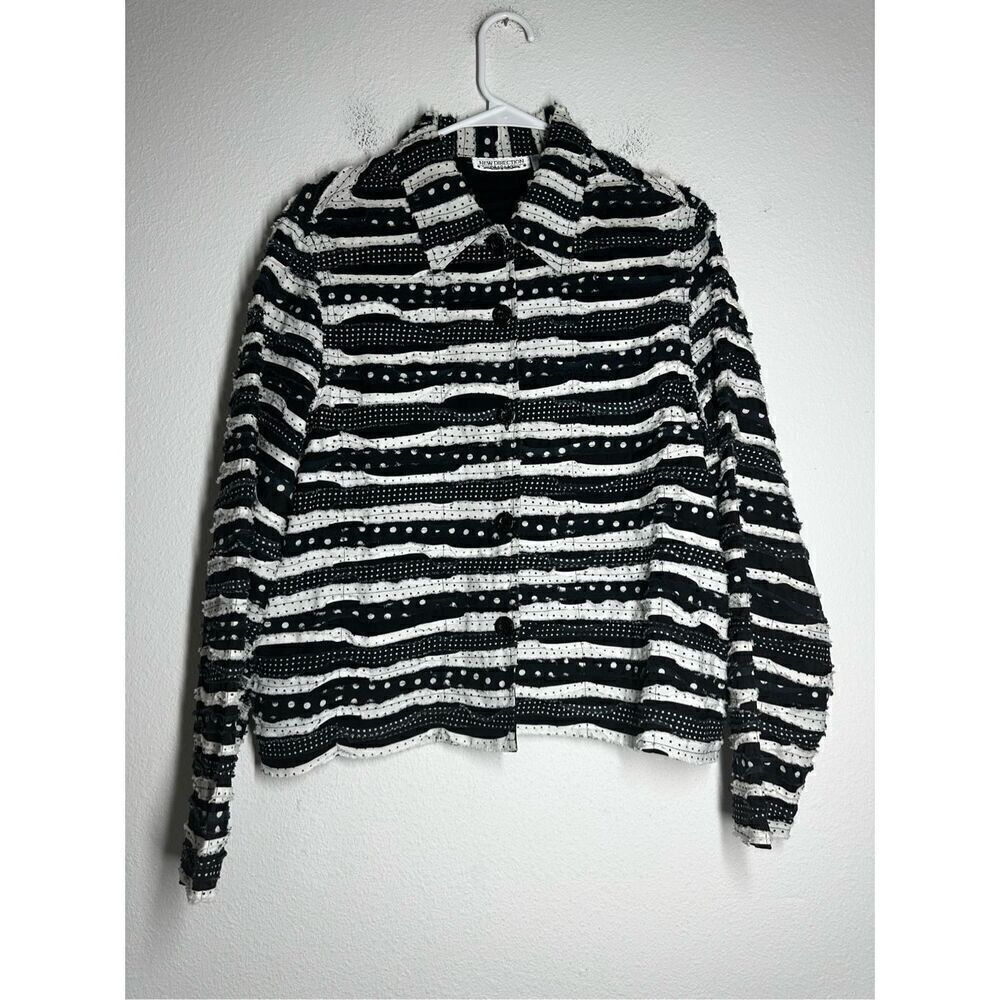 New Direction Bohemian Women’s Cotton Blazer Shirt Black White Patchwork Size L